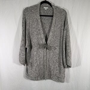 Pure Jill Cardigan Women Large Green White Tie Front Pockets Cotton Blend